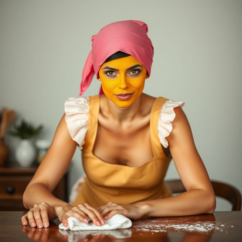 slim, 30 year old, sexy, french maid, pink scarf head, turmeric face pack. She is cleaning a table with a cloth