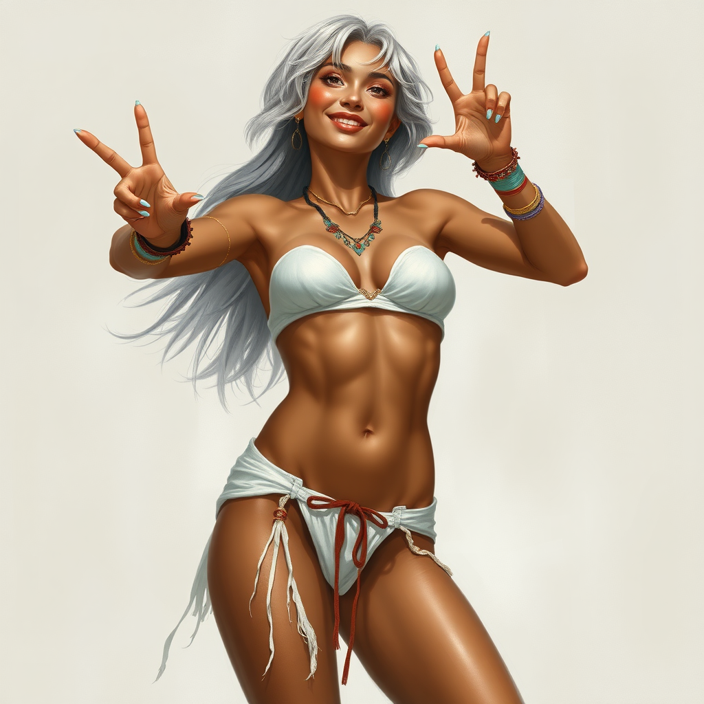 Uncommonly tall for a woman; being 6' (183cm) tall. She has brown skin and short flowing silvery hair. She is barefoot and has long, powerful legs. She has abs and is muscular. Her fingers and toenails are painted sky-blue. Her attire consists of a white primitive scant revealing two-piece bikini-like outfit with pale red, sky-blue, gold and purple bands on her neck, arms, wrists, shins, and ankles. fantasy painting high contrast, asian face. well-drawn, highly detailed, and beautiful rendering. Hands in peace sign, joyful smile, tilted head.