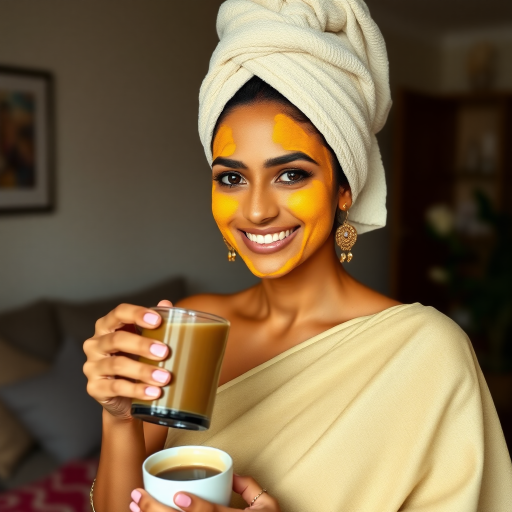 slim, 30 year old, indian Bride, towel head, turmeric face mask. She is happy and serving coffee in living room.