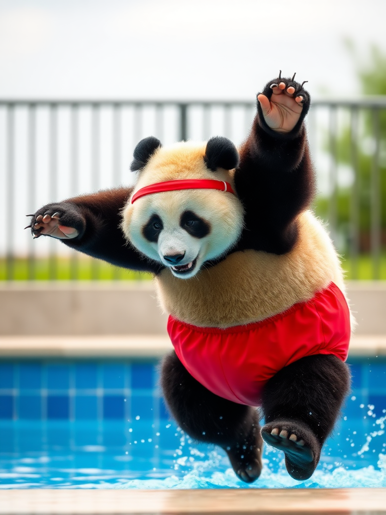 A panda bear wearing a red men's style speedo brief jumping into a pool.