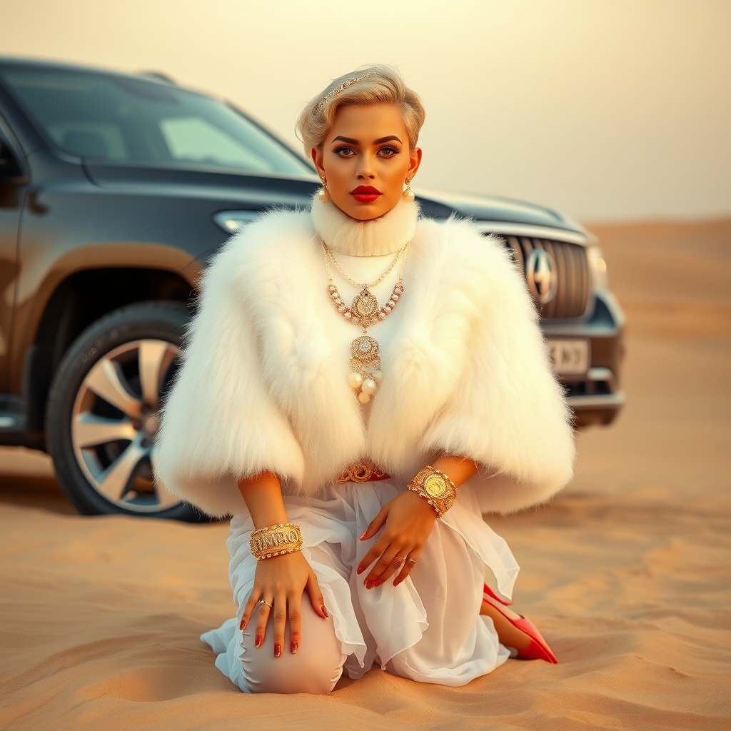 Kuwait desert dunes misty dawn, full size luxury SUV: Melissa, European 17 years old very convincing femboy “trophy-bimbo”, tamed servile docile, very beautiful feminine flawless face, rather short, by hormones very curvaceous womanly figured, platinum blond short tight curls, bold red lips, long white French nails, heavily made-up face, wearing Supertanya-style fluffy very fuzzy bright white angora turtleneck-poncho cropped ending under bust decorated with pearls and glass stones, striking oriental wide gold bridal protection belt, white fully transparent harem pants, bright red pumps with golden very high heels, full Oriental bridal jewelry including headpiece, nose-ring, coin wristlets, coin anklets, striking diamond “Bimbo” letter brooch on left chest, thick heavy pearl wristlets, pearl anklets, pout frustrated, kneeling in sand in front of SUV, looking at camera. Focus on face and turtleneck-poncho.