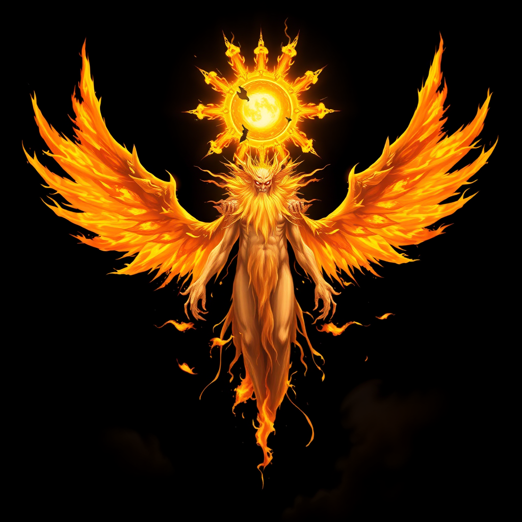 (High quality Anime styled art) Black background of a A Truly Colossal Supreme divine yet malevolent entity made of pure-solar golden-burning flame, white aura, embodying both pure holiness and corruption, floats ominously in mid-air. Eight blazing, fiery wings radiate intense solar energy, while a shattered unique halo resembling the sun hovers above its head, naked and body is made of pure-solar-burning flames, the being's long beard sways as its wrathful, ember-like eyes burn with intense fury, glowing in vivid shades of yellow and orange, exuding a powerful and foreboding energy.