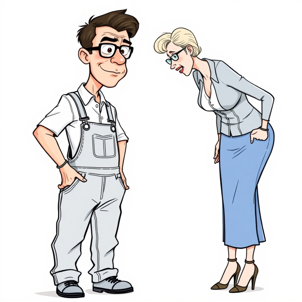 20 year old european skinny boy wearing work overalls is blushing excited while lectured by a towering 55 Years old, European, Latina, sharp aquiline nose, wrinkles, high cheekbones, Middle Eastern, Skinny, Tanned skin, Dark light skin, Rounded Medium breasts, Skinny thighs, full Makeup, jewelry, Serious face, Sharp nose, blushing, Ash hair, short bowl haircut, Brown eye color, Glasses, with detailed features. Hands on hips, She is bent over the boy, she is wearing a white shirt and a blue skirt, detailed fabric.  full body, high heels sandals, long establishing shot, 2D, caricature, cartoon, Sketch lines, coloring book, nlack and white, coloring book style on white background, well composed, clean coloring book page, No dither, no gradient, strong outline, No fill, No solids, vector illustration