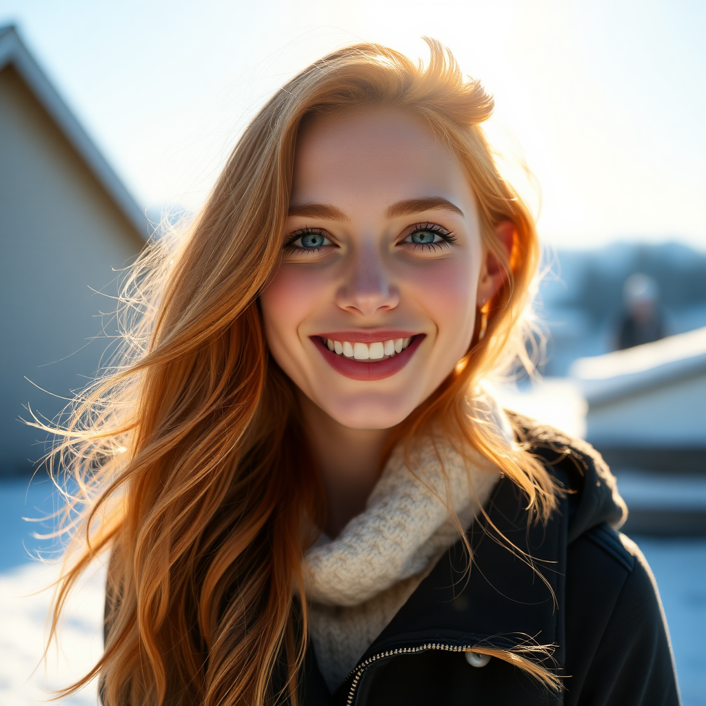 beautiful young woman with lush ginger cherry blonde long hair, happy full lips, on Alaska Anchorage in sunny snow