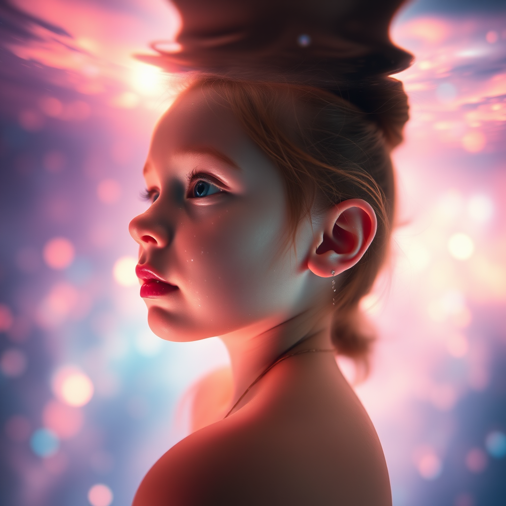 young preteen girl in profile, dreamscape, nebula, Bokeh, abstract, brilliant colors, glittering, translucent, iridescent, natural skin, glowing, artistic photo, wide angle, cute, interesting, microscopy, underwater, airy, original, experimental, refraction