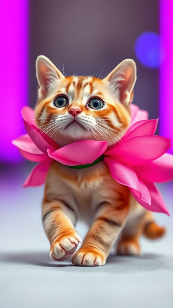 A little chubby big yes pink nose cat walking on two paws wearing a real pink flower costume doing a ramp walk.