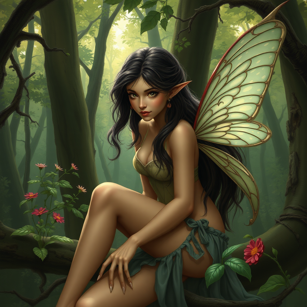 A classic forest scene with an attractive and seductive fairy. The scene is lush with the art styling of Brian Stroud.