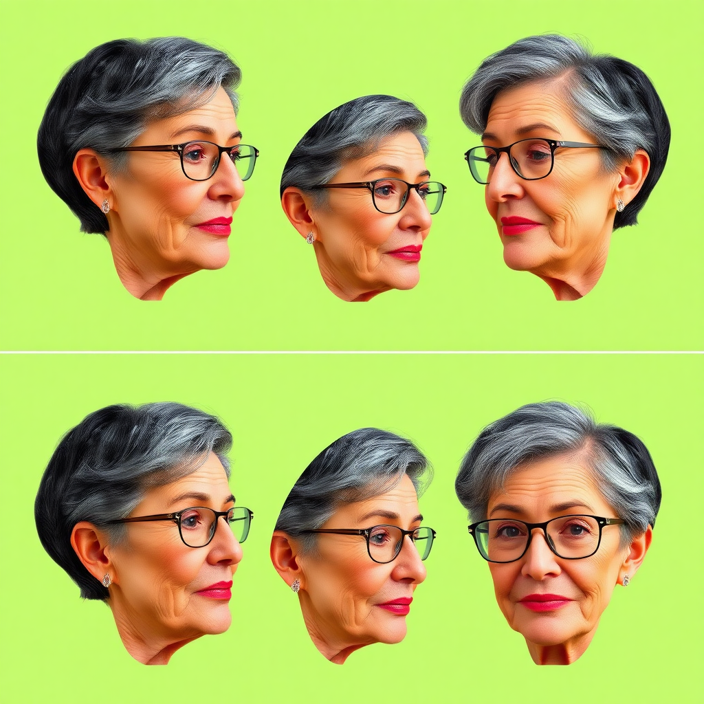 Photorealistic image of six headshots of a 55 Years old, European, Latina, sharp aquiline nose, wrinkles, high cheekbones, Middle Eastern, Skinny, Tanned skin, Dark light skin, full Makeup, jewelry, Sharp nose, frowning, delighted, dark grey Ash hair, short bowl haircut, Brown eye color, Glasses, with detailed features. Each photo displays the same face in profile and front view, cut out and isolated on a green background. All six heads are visible side by side, empty space around each view, no overlapping.