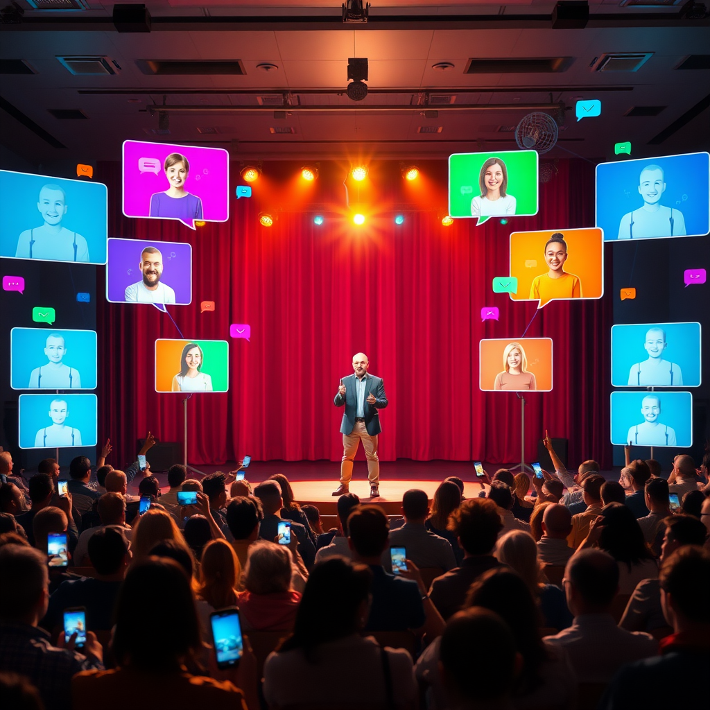 An image of a charismatic host standing on a brightly lit stage, engaging with both a live audience and virtual attendees. In front of the stage, a diverse crowd of in-person attendees sits in an auditorium, some holding up glowing smartphones and tablets. Surrounding the stage, floating holographic screens display faces of virtual participants tuning in from around the world. Colorful speech bubbles and chat icons emanate from both the physical audience and the virtual screens, all directed towards the host, symbolizing live comments and interactions converging towards the center.