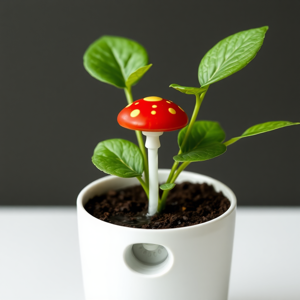 "A small mushroom-like structure inserted into a plant pot. The mushroom head has red with yellow spots. Water flows through a thin pipe from a hidden water tank below the pot, through the pot, and into the mushroom, evenly watering the plant's soil. The water tank holds 2-5 liters and the system is compact, minimalistic, and designed for small indoor plants. The overall design is clean and functional, with the mushroom dispersing water across the plant efficiently."