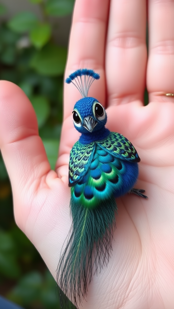 A small tiny cute big eyes big tail blue peacock on hand