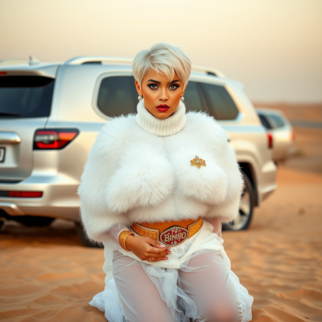 Kuwait desert dunes misty dawn, full size luxury SUV: Melissa, European 17 years old very convincing femboy “trophy-bimbo”, tamed servile docile, very beautiful feminine flawless face, rather short, by hormones very curvaceous womanly figured, platinum blond short tight curls, bold red lips, heavily made-up face, wearing Supertanya-style fluffy very fuzzy bright white angora turtleneck-poncho cropped ending under bust decorated with pearls and gemstones, striking oriental wide gold bridal protection belt, white fully transparent harem pants, full Oriental bridal jewelry including headpiece, nose-ring, coin anklets, striking diamond “Bimbo” letter brooch on left chest, pout frustrated, hands tied behind back, kneeling in sand in front of SUV, looking at camera. Focus on face and turtleneck-poncho.