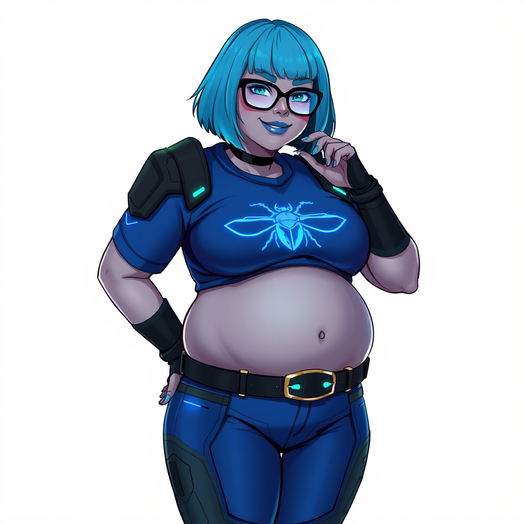 A 28-year-old, full-figured, middle gray skinned, computer program hybrid with a maximum blue bob cut. She has a non-athletic, full-figured build, highlighted by a prominent, round, large midsection (with full emphasis on her large belly). As the full-figured, nerdy, digital sidekick to her cyberpunk vigilante boyfriend, her metallic middle gray skin and maximum blue lipstick emphasize her digital nature. She wears a digital, computerized costume inspired by DC’s Carrie Kelly Robin, consisting of a huge, tight-fitting, maximum blue t-shirt with a neon blue glowing chest icon of a beetle, hi-tech shoulder pads with neon blue accents, a black hi-tech belt with a digital neon blue glowing buckle, digital maximum blue pants with neon blue accents, and black hi-tech fingerless biker gloves with neon blue glowing accents. Her bright blue eyes, black eyeglasses with glowing neon blue lenses with a built-in HUD, and shy smile with neon red blush accentuate her nerdiness. She stands bashfully with one hand behind her back and the other hand gently touching her cheek, her costume covering all her skin and emphasizing her full-figured physique (especially her belly). She is clearly non-athletic, with a heavy focus on her large belly. Despite her build, she radiates beauty. She has a slim face compared to her physique, accentuating her radiant beauty. She is on a solid white background. She is drawn as if she were in a retro 2D cyberpunk fighting game.