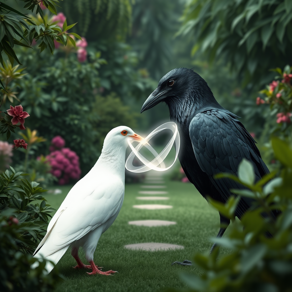 a huge white dove and a huge black crow standing facing each other within a clearing in an incredible lush garden. The beak of the dove is touching the beak of the crow. There is a large abstract infinity symbol of wavy, transparent light energy that crosses where the beaks meet and covers the entire bodies of the birds