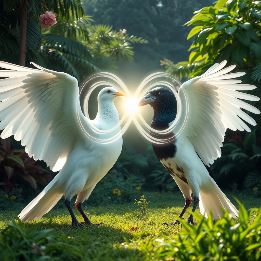 a huge white dove and a huge black crow standing facing each other within a clearing in an incredible lush garden, slowly flapping their powerful wings. The beak of the dove is touching the beak of the crow. There is a large abstract infinity symbol of wavy, transparent light energy that intersects at the beaks and covers the entire bodies of the birds