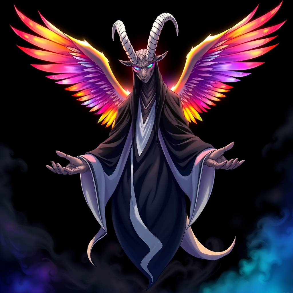 In an anime-styled artwork set against a deep black background, a towering humanoid figure reminiscent of a tall, reptilian goat god commands attention. Its striking rainbow-colored eyes shimmer with an ethereal light, framed by two majestic white goat horns that curve elegantly from its head. Draped in flowing black and white robes that ripple like smoke, the figure exudes an air of mystique and power. Surrounding its form is a chaotic, radiant aura that shifts through the colors of the rainbow, creating a mesmerizing spectacle.

Three magnificent angelic wings, each a vibrant blend of rainbow hues, unfurl gracefully from its back, their feathers shimmering with an otherworldly glow. With hands outstretched as if inviting connection, the figure floats serenely in the void, its gaze locking onto the viewer with an intense, otherworldly presence that captivates and enchants.