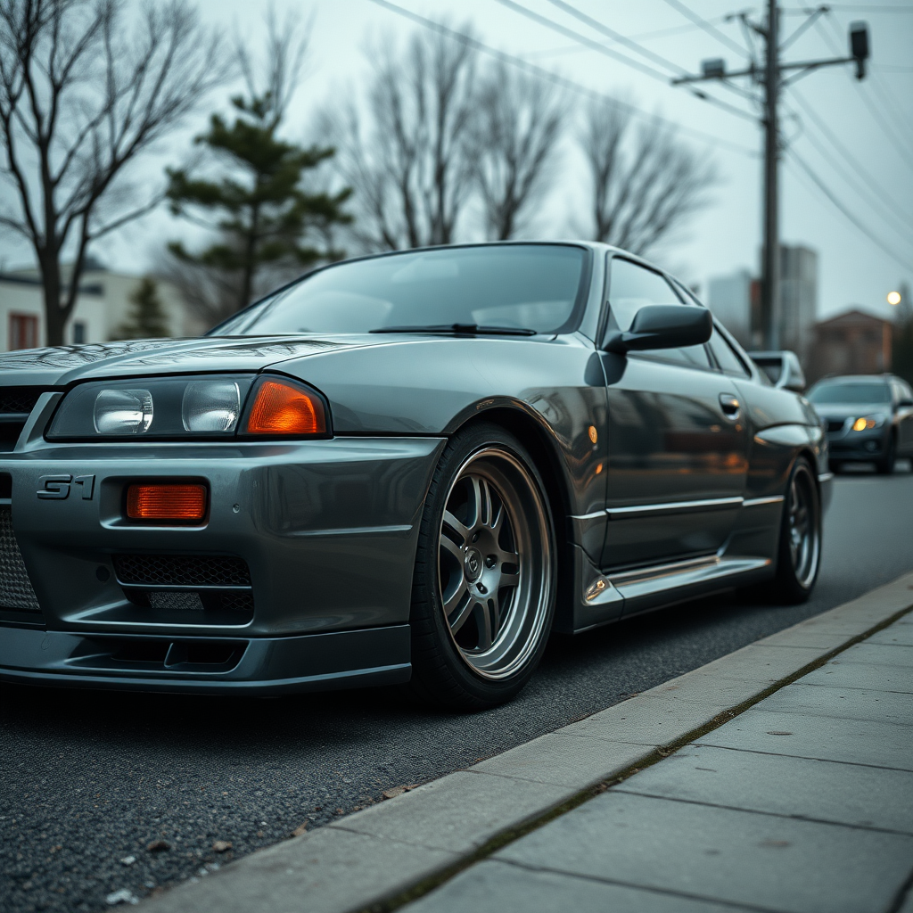 The car is parked on the side of the road, inspired by Taiyō Matsumoto, tumblr, restomod, nd4, c4 metallic shine gray black nissan skyline r34 kalabalik tokyo gece arkaplan