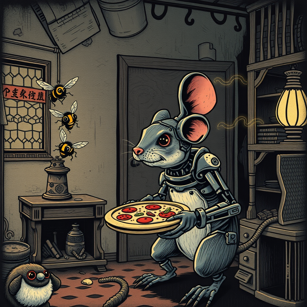 A cyborg rat delivering pizza to angry bees in a decayed apartment, Chinese woodcut