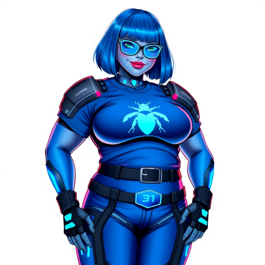 A 28-year-old, full-figured, metallic maximum blue (5PB 5/10) skinned computer program hybrid with a maximum blue bob cut. She has a non-athletic build, highlighted by a prominent, round, large midsection (with full emphasis on her round belly), which shows the effects of her love of junk food acquired from her boyfriend. As the full-figured, nerdy, digital sidekick to her cyberpunk vigilante boyfriend, her metallic maximum blue skin and maximum blue lipstick (5PB 5/12) emphasize her digital nature. Her skin has a subtle, animated glow, with digital patterns occasionally flickering across it, making her digital nature obvious. She wears a digital, computerized, superhero costume, consisting of a massive, tight-fitting, maximum blue t-shirt (5PB 5/12) made out of advanced nanotech with a neon blue chest icon of a beetle, hi-tech shoulder pads with neon blue accents, a black hi-tech belt with a digital neon blue glowing buckle, digital maximum blue biker pants (5PB 5/12) with neon blue accents, and black hi-tech fingerless biker gloves with neon blue glowing accents. Her neon blue glowing eyes, black eyeglasses with neon blue glowing lenses equipped with a built-in HUD, and bashful smile with neon red blush accentuate her nerdiness. She stands bashfully with one hand behind her back and the other hand gently touching her cheek, her costume covering all her skin (especially her midsection) and fully emphasizing her full figure (especially her round belly). She is clearly non-athletic, with a focus on her full-figured physique. Despite her build, she radiates beauty. She has a slim face compared to her physique, accentuating her radiant beauty. She is on a solid white background. She is drawn as if she were in a retro 2D cyberpunk fighting game.