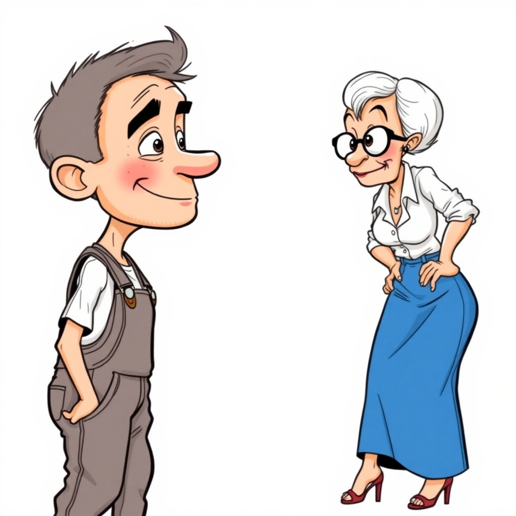 20 year old european skinny boy wearing work overalls is blushing excited while listening to a towering 55 Years old, European, Latina, sharp aquiline nose, wrinkles, high cheekbones, Middle Eastern, Skinny, Tanned skin, Dark light skin, Rounded Medium breasts, Skinny thighs, full Makeup, jewelry, Serious face, Sharp nose, blushing, Ash hair, short bowl haircut, Brown eye color, Glasses, with detailed features. Hands on hips, She is bent over the boy, she is wearing a white shirt and a blue skirt, detailed fabric.  full body, high heels sandals, long establishing shot, 2D, caricature, cartoon, Sketch lines, coloring book, nlack and white, coloring book style on white background, well composed, clean coloring book page, No dither, no gradient, strong outline, No fill, No solids, vector illustration