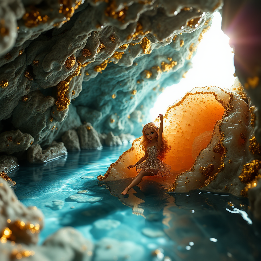 bjd doll in a flooded cave, bjd, high quality photo, intricate environment, ultra-detailed, impressionistic, dynamic composition, artistic photograph, geode, alabaster, gold, fractal, intense colors, glittering, sunlight, illumination, transparency, mandelbulb