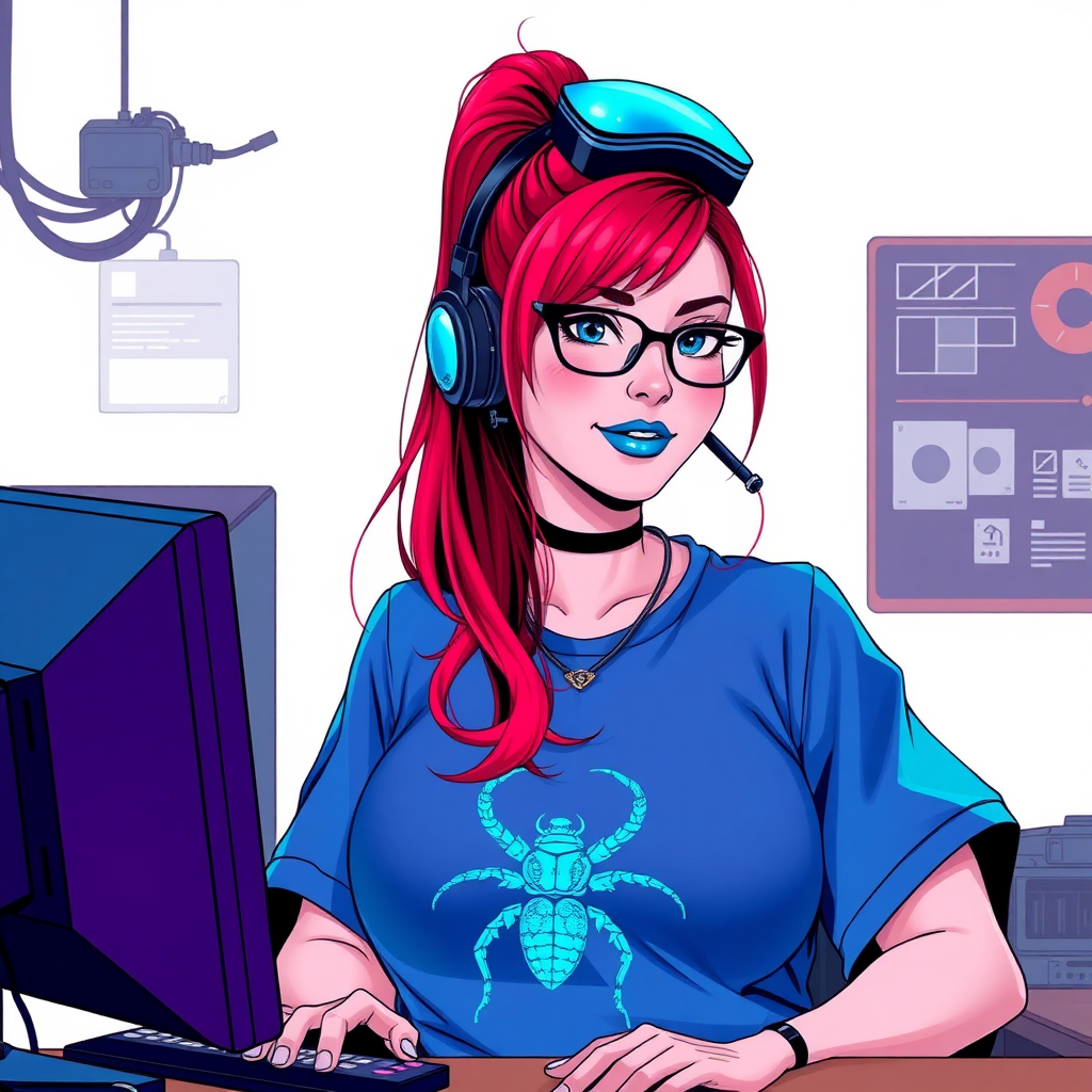 A cyberpunk vigilante’s full-figured intelligent and tech-savvy 29-year-old girlfriend, who is a computer hacker and tech genius. She has a long ruby red ponytail. She wears maximum blue lipstick, bright blue eyes, a sapphire beetle gemstone necklace, sapphire earrings, black eyeglasses, and an oversized maximum blue t-shirt featuring a blue sapphire gemstone crusted beetle chest icon. She has a full-figured physique with a prominent, large, round belly, reflecting her well-cared-for lifestyle. She sports a sapphire headset with a hi-tech maximum turquoise lensed HUD, and a shy smile with a neon red blush. She serves as his tech expert from his hideout, diligently working at her lab table and computer desk. The background is solid white. She is drawn as if she was in a retro 2D cyberpunk fighting game.