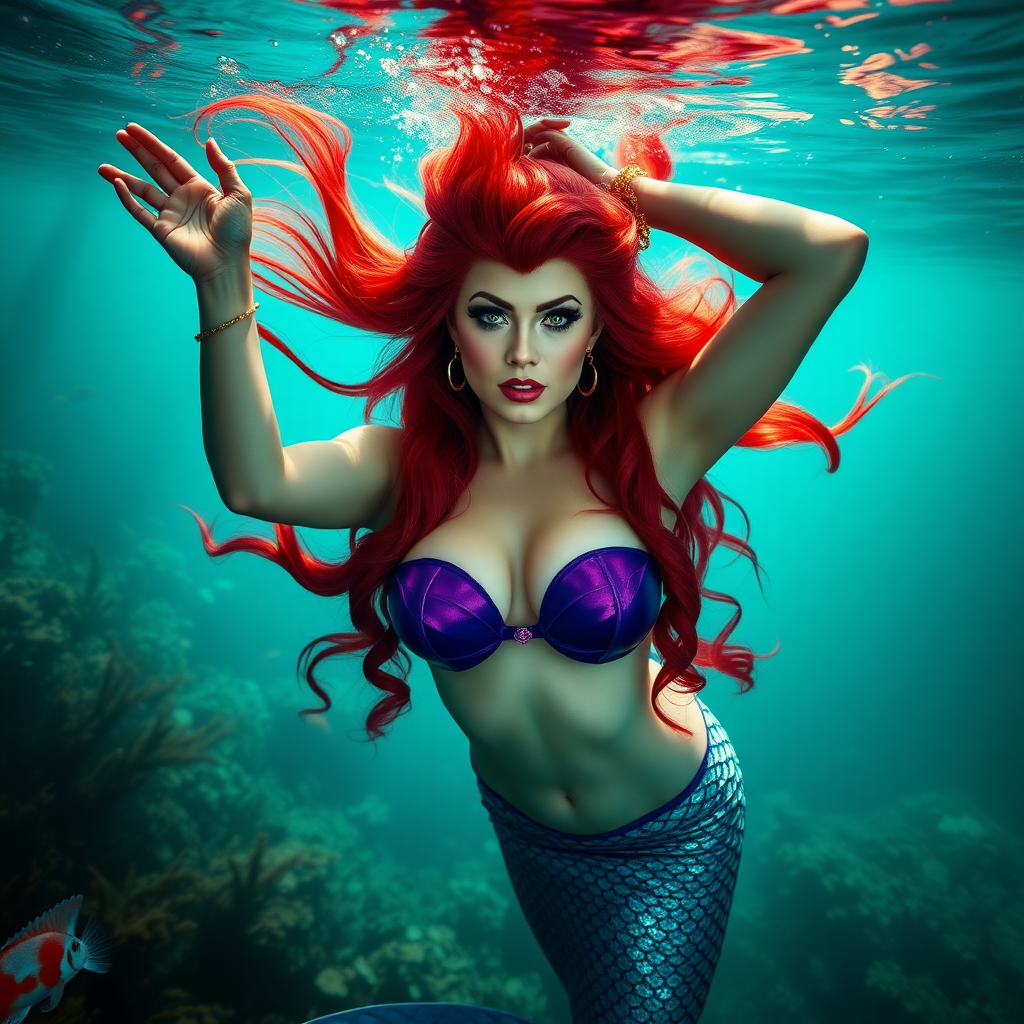 Jessica Rabbit as a fit and trim mermaid underwater amazing loose flowing hair floating in a nimbus around her beautiful face her arms outstretched languidly over her head. she's looking directly into the viewer's eyes making intense eye contact. diaphanous gossamer. Burlesque. Stunning undersea life details plants and fish and other creatures of the sea. Impressive, shining scaled mermaid tail. Amazing HD DSLR photographic output.