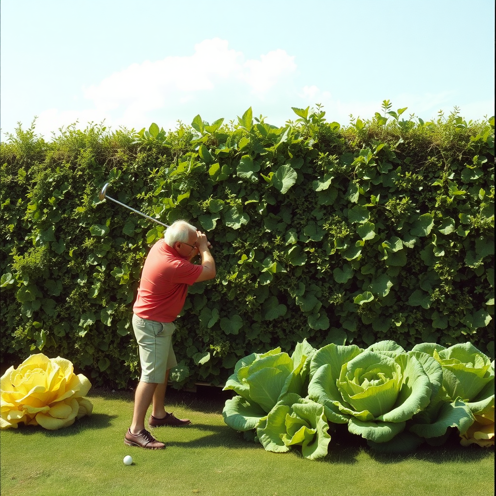 Highly detailed Kodachrome color real British surrealist photograph from 1978 of Harold took an eight-iron at the first Hoped the hedge whilst Tostig chipped and cursed Sliced into a sticky patch and, playing out, He'd met his match When lettuce leaves had made the crowd disperse