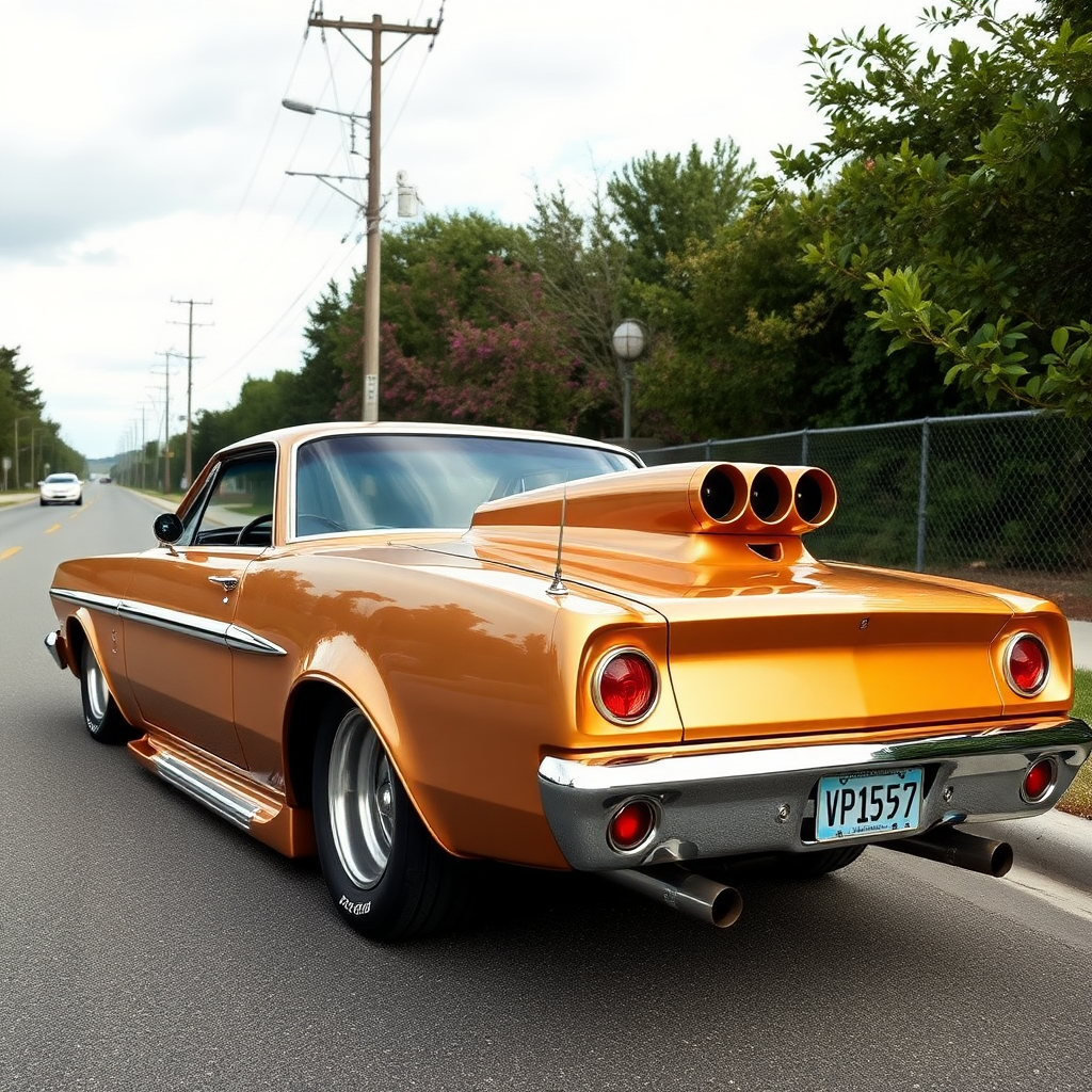 The drag car is parked on the side of the road, inspired by Taiyō Matsumoto, tumblr, restomod, nd4, c4 metallic shine classic american low rider ford