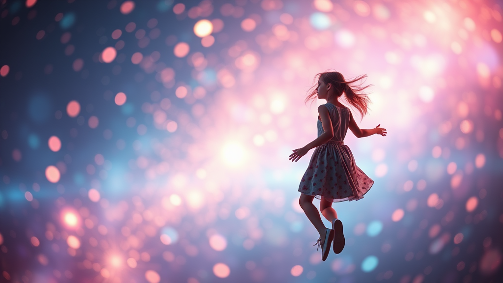 Low Key Lighting, dreamscape, nebula, Bokeh, abstract, brilliant colors, glittering, translucent, iridescent, glowing, artistic photo, panoramic, airy, original, experimental, interdimensional, fireworks, preteen girl floating in the distance