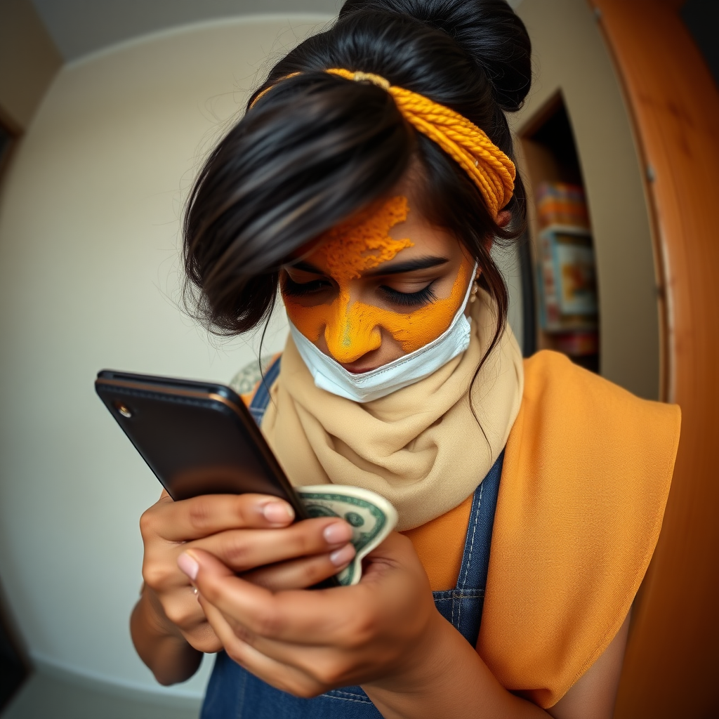 wide angle image of a slim, curvy, 30 year old indian maid with hair covering bun, her face is covered with turmeric mask. she is stealing money from wallet.