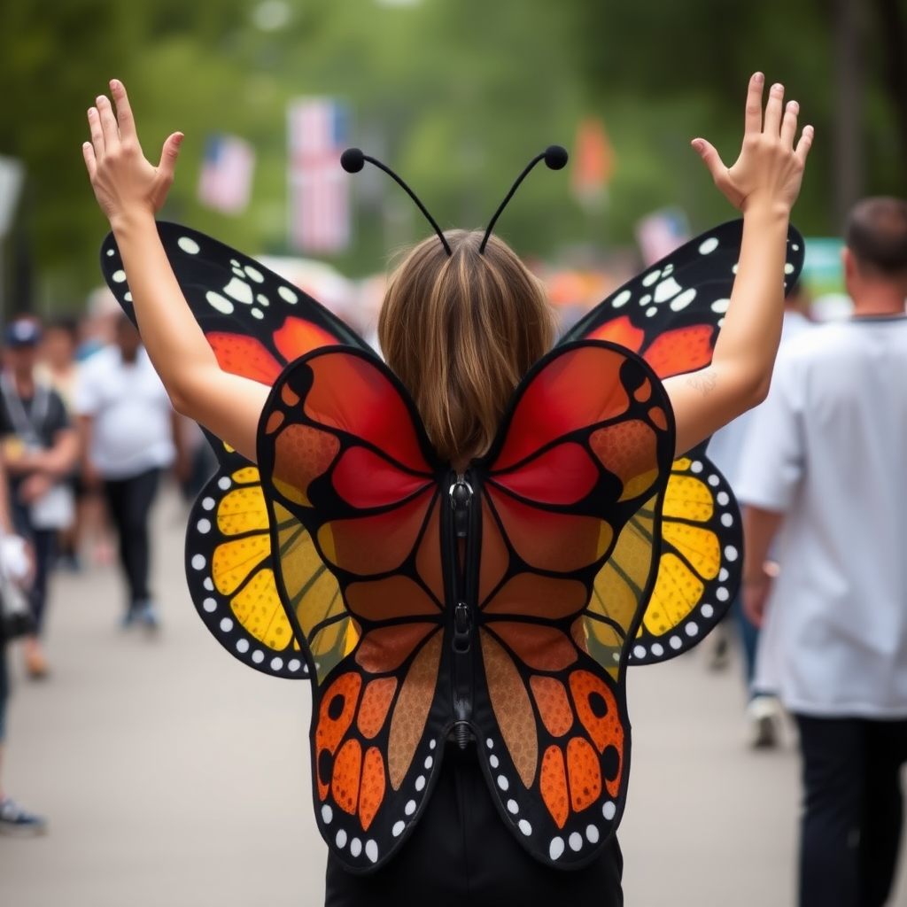 woman in butterfly costume arms raised facing viewer