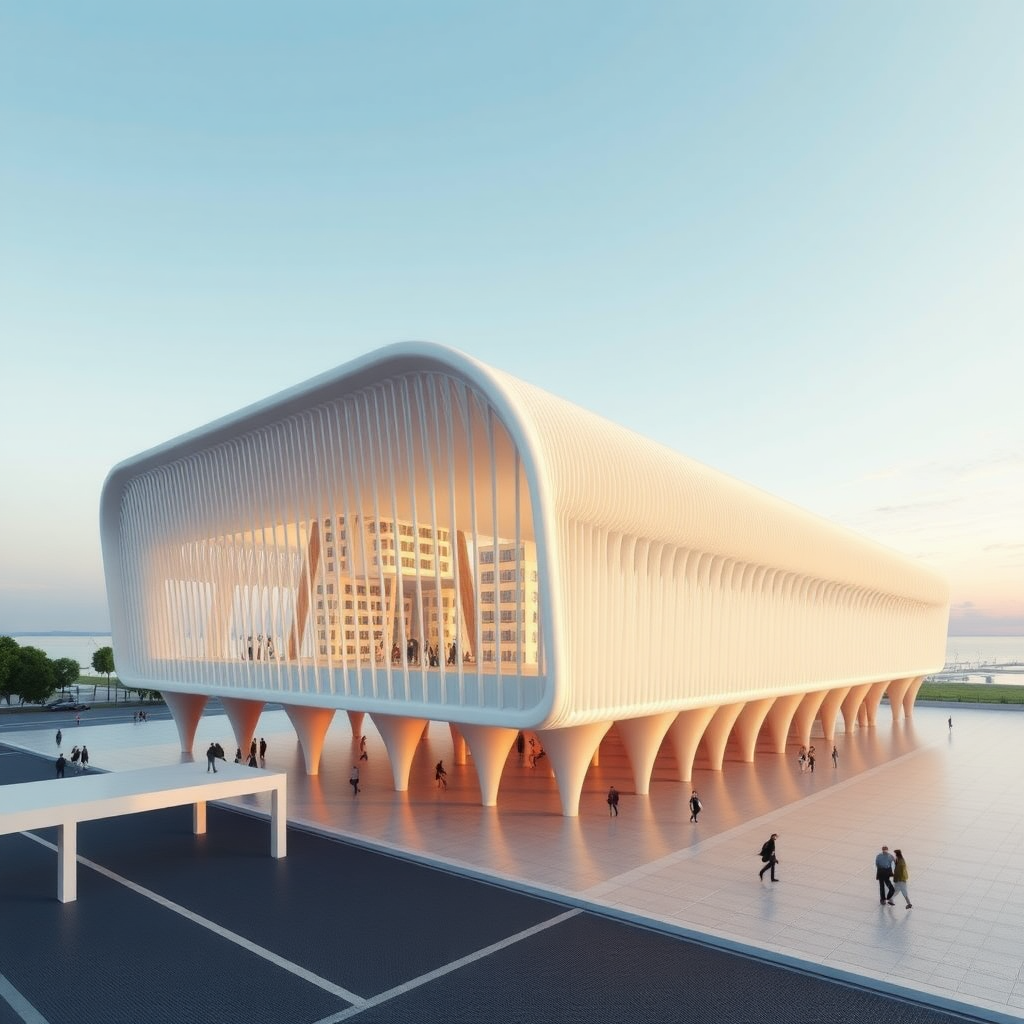 Concept design of a bus terminal inspired by Sendai Mediatheque  
Architect: Toyo Ito with stilt floor and staggered flooring with 2 storey structure bus terminal should be open, fluid, public space with commercial space the bus terminal has beach in west side. Architecture structural form.