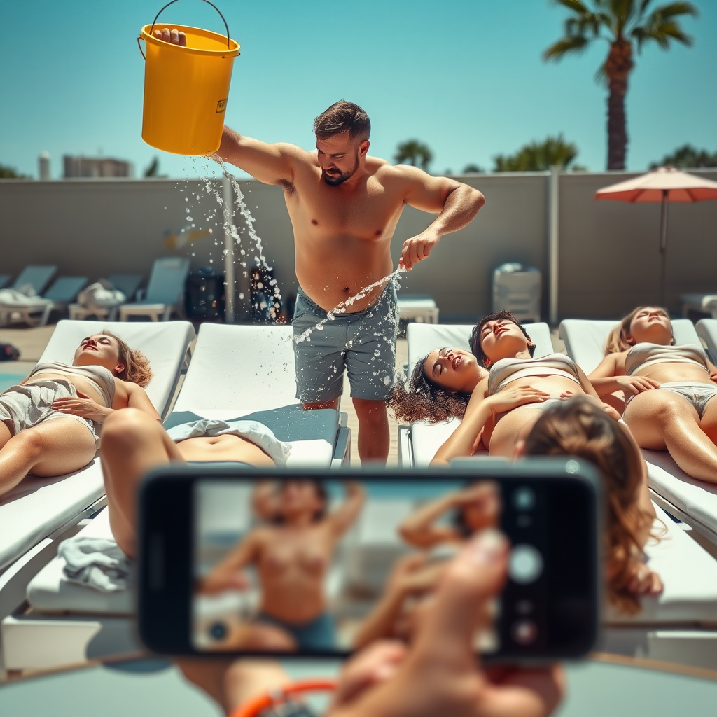 A group of women lying on sunbeds, tanning, a man spilling a bucket of water on them, view from a table, phone picture,