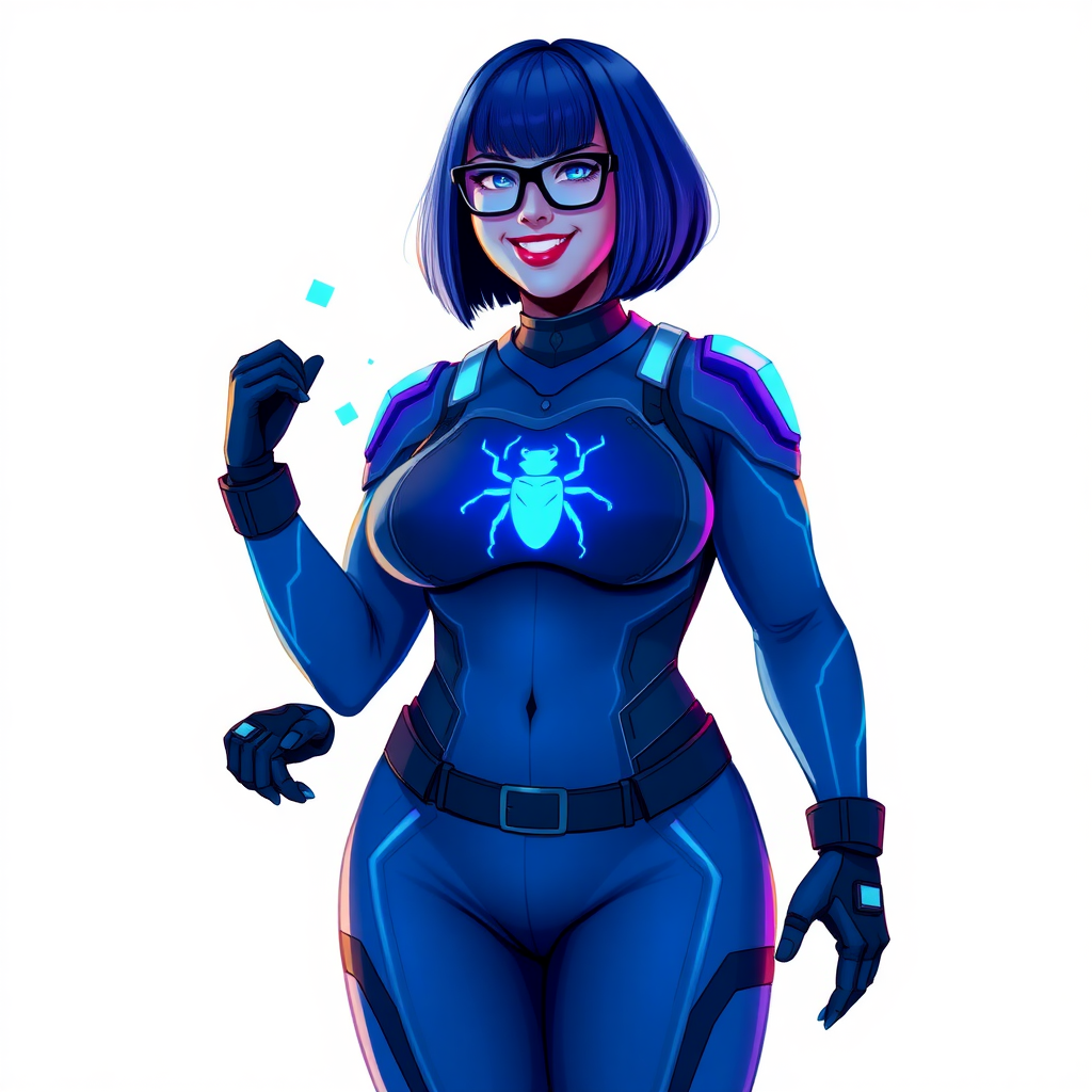 A 28-year-old full-figured, computer science major, now transformed into a full-figured, nerdy digital sidekick for her cyberpunk vigilante boyfriend, with maximum blue skin. She is clearly non-athletic, with her full figure. Her bob cut seamlessly blends with her skin, appearing to merge together as computer data, and her neon blue eyes glow intensely. Her full figure is defined by a prominently round, gargantuan midsection, sequoia-sized limbs, and broad shoulders. As a loyal and supportive sidekick, she plays a crucial role in their missions, using her digital skills to assist and protect.

She wears a digital, computerized maximum blue bodysuit which blends with her hair and skin (appearing to merge together like computer data), all are colored maximum blue. The bodysuit has a neon blue chest icon of a beetle, along with matching high-tech gloves. She bashfully giggles with a neon red blush, emitting neon blue data cubes from her body, set against a solid white background. Heavily pampered by her doting boyfriend, her full figure (especially her prominent, round, gargantuan midsection) clearly shows this care. She has the ability to hack into computers and machines, and her nerdiness is blatantly obvious with her black oversized eyeglasses. Her full figure (especially her prominently round gargantuan midsection) is prominently displayed and heavily emphasized. Her outfit is influenced by DC’s Jennifer Knight Phantom Lady but remains distinct. She is drawn as if she was in a retro 2D cyberpunk fighting game. Ensure she is distinct from Inside Out's Sadness, The Power of Surge's Debra, and any other character. Ensure her midsection is round. Her proportions are bloated to emphasize her non-athletic, full figure. She is clearly non-athletic, with heavy emphasis on her full figure and prominent, round, gargantuan midsection.