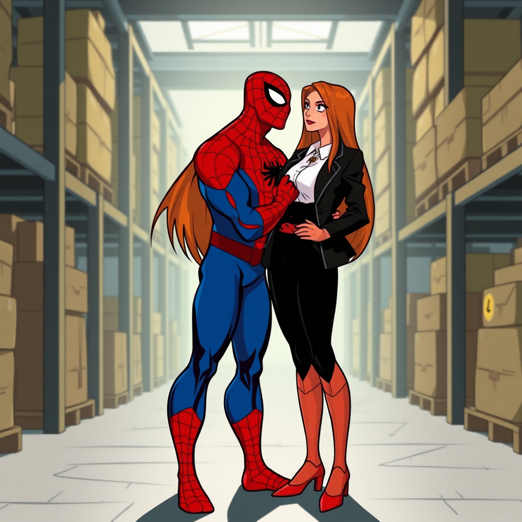 Spider-Man wearing classic red and blue Spider-Man suit and a beautiful straight long-haired female burglar in a black blazer over a white shirt with black pants hugging each other as a loving couple in a warehouse in the 90s cartoon.