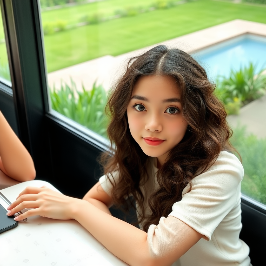 A young 18-year-old beautiful Xiaohongshu blogger, with fair skin, big eyes, long curly hair, an oval face, and very thin, sitting in a café, leaning on the table, with green grass and a pool outside the window.