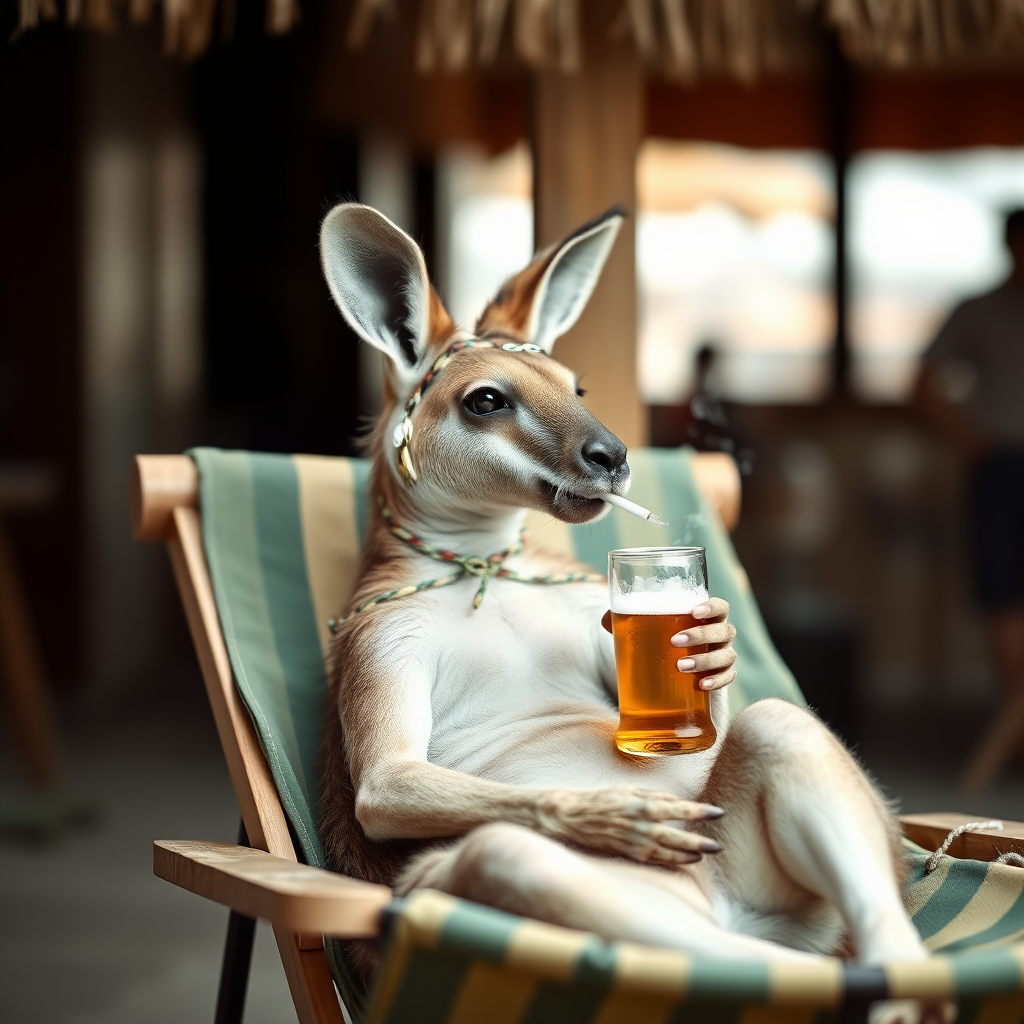 A realistic and in focus photo of a kangaroo sitting in a beach chair, he is smoking a cigarette and is holding a beer.