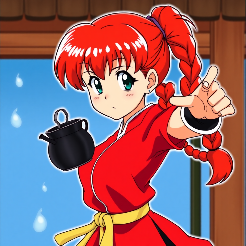 Ranma Saotome from the series Ranma 1/2 is a red-haired girl with a braided ponytail about half as long as her head is wide, blue eyes; she usually wears a Chinese martial arts uniform.

Ranma is currently seen dodging a thrown kettle of hot water.