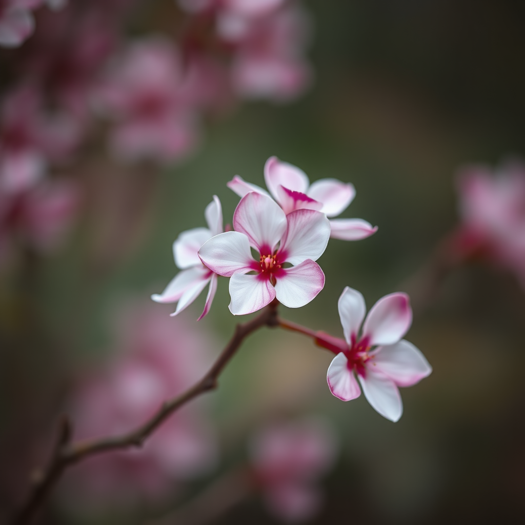 A close-up view of delicate flowers with striking white petals edged in deep magenta, arranged gracefully on thin, twisting branches. The background is softly blurred, creating a bokeh effect that emphasizes the flowers' vibrant colors. The setting evokes a tranquil garden atmosphere, with muted earth tones blending into the soft pinks and greens of the surrounding foliage. The overall aesthetic feels hyperrealistic, showcasing intricate details of the petals, including faint veins and subtle textures, contrasted against the gentle, diffused light that enhances their natural beauty.