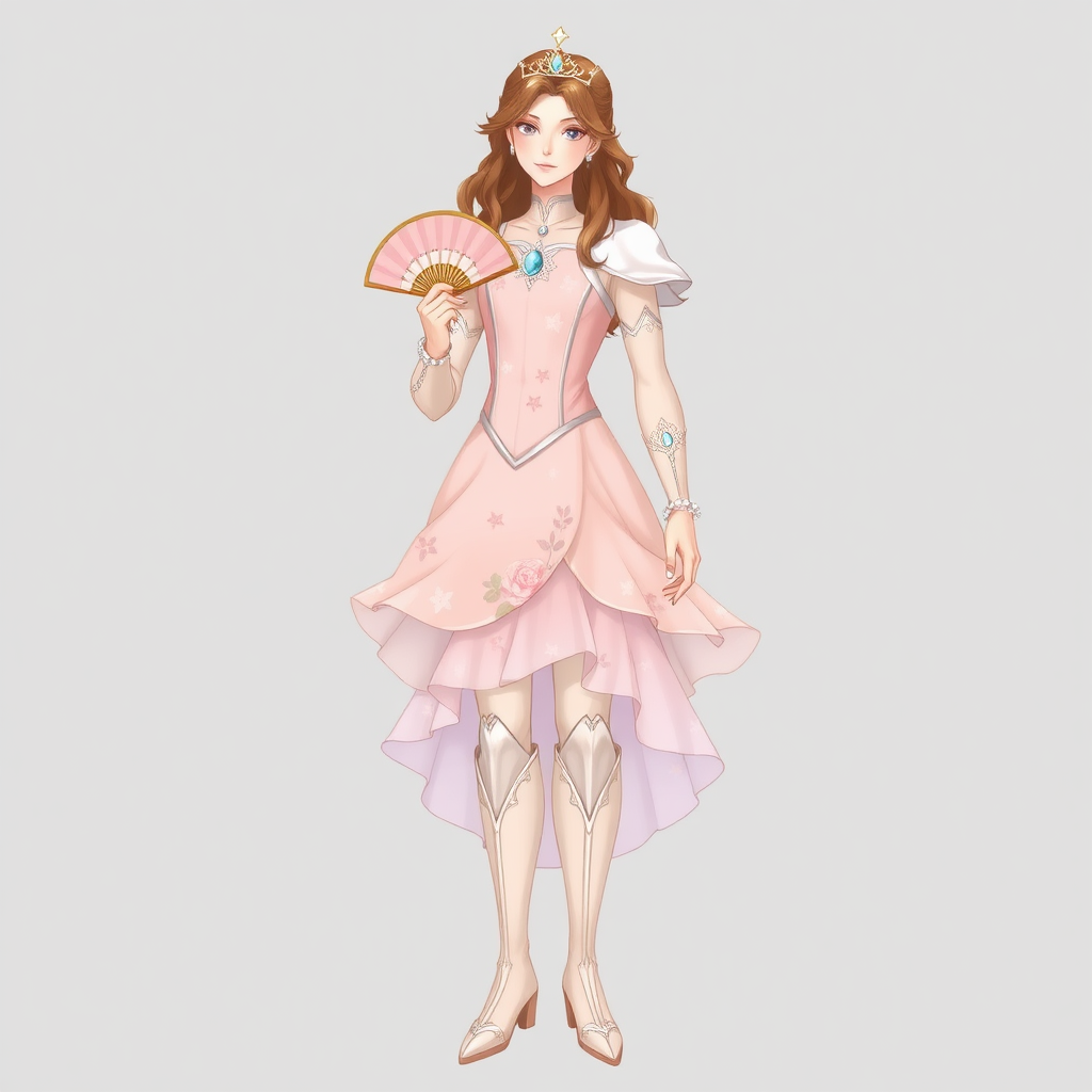 Name: Prince Aelion  
Gender: Male (feminine presentation)  
Age: 17  
Clothes: Prince Aelion wears a flowing, pastel-colored gown adorned with delicate floral patterns. The gown has a fitted bodice and a layered skirt that sways gracefully as he moves. He accessorizes with a sparkling tiara, delicate silver jewelry, and soft, knee-high boots. His long hair is styled in loose waves, and he carries a small, ornate fan that he uses to express his emotions.