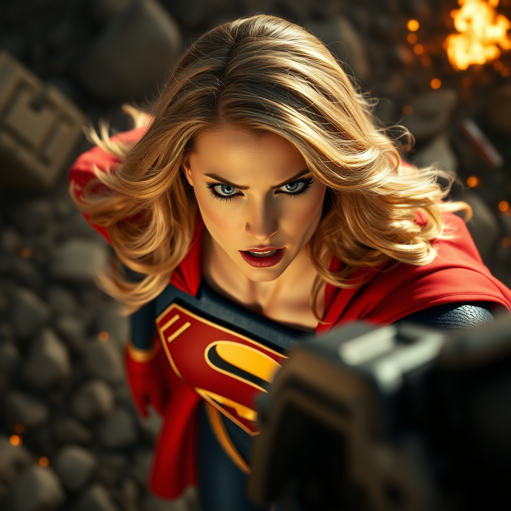 a snapshot from above supergirl angry against enemy in front of her, realistic, trailer shots