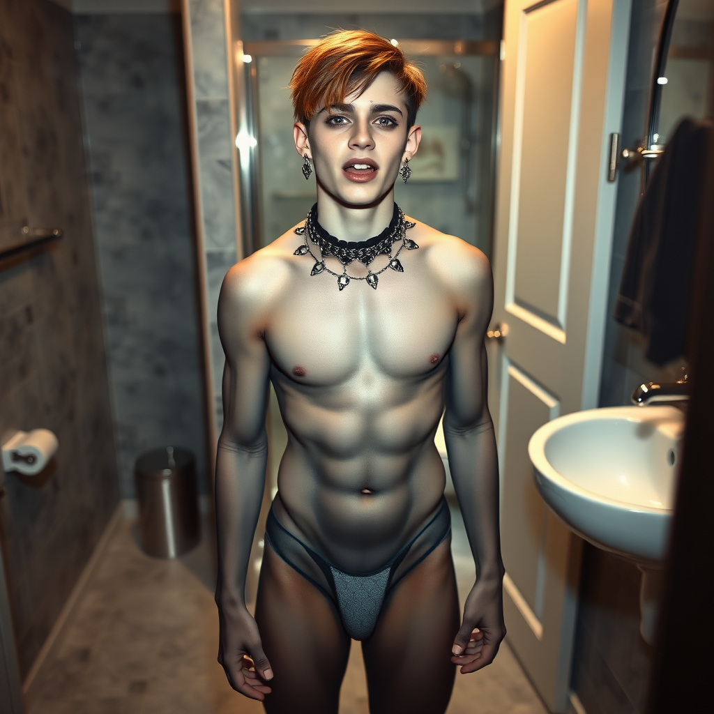 photorealistic, ultra high resolution, 16K, surreal fantasy, soft studio lighting, Caleb Swift is a pretty 16 year old goth male , slim male physique, auburn hair, blue eyes,  goth makeup,  earrings,  grey pantyhose body suit, spikey neck collar with chain,  standing on the floor of the bathroom , excited mouth, bulging crotch, full body front view of Caleb facing the camera.