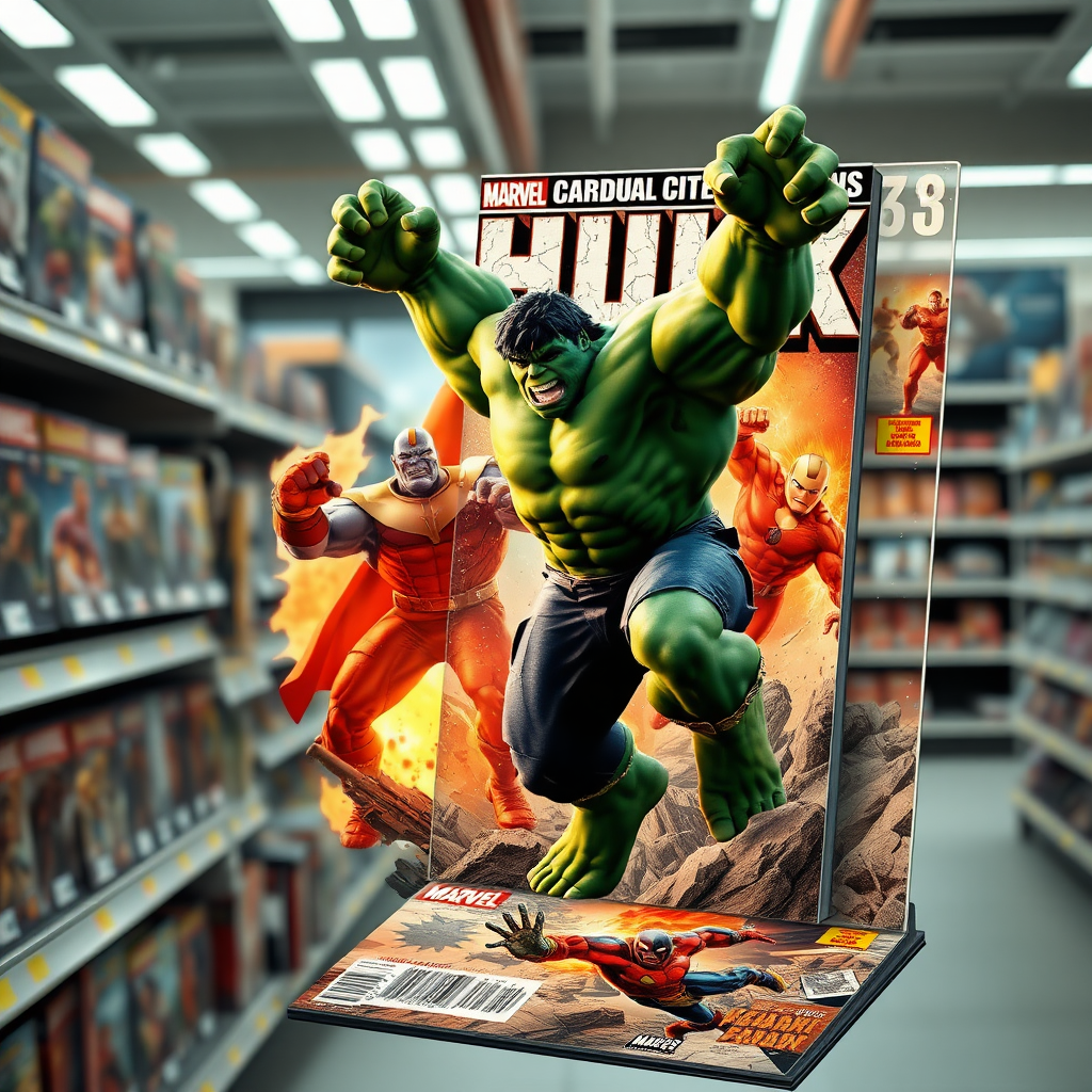 Jumping out of a Comic book cover on a store shelf and into the screen is Hulk battling Thanos. Cinematic Real3D photo-realistic quality.