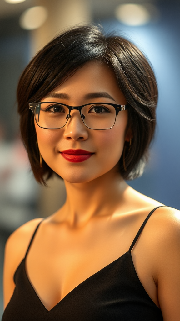 A beautiful Chinese woman, 30 years old, short hair, wearing glasses, with a full figure and small breasts.