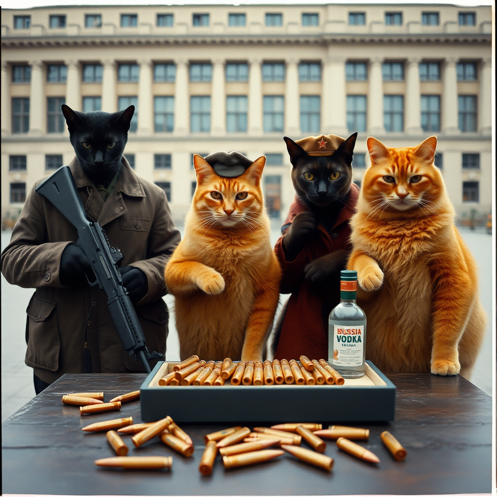 4 cat-men not looking at the camera, in a large square, a dark-skinned man holding an AK-47, an orange one with a Russian military cap, a dark brown one and a light brown one, USSR communists with VODKA, behind a table with bullet casings on it (film photography style)