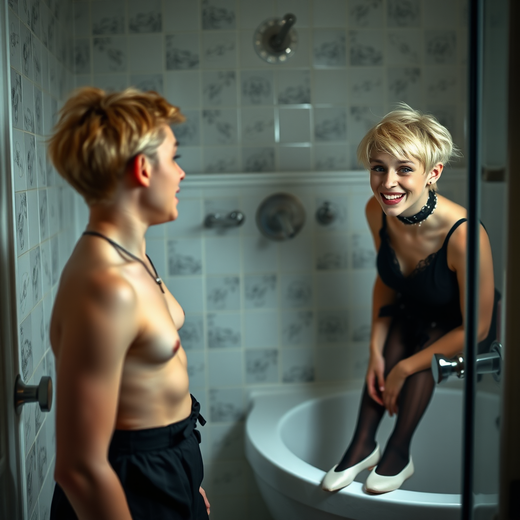 photorealistic, ultra high resolution, 16K, surreal fantasy, studio lighting, a 35 year old mother who is fully dressed for work is watching her pretty 16 year old goth son, slim male physique, short blonde hair, goth makeup, earrings, pantyhose, white ballet shoes, in the bathroom, excited smile, facing the camera.