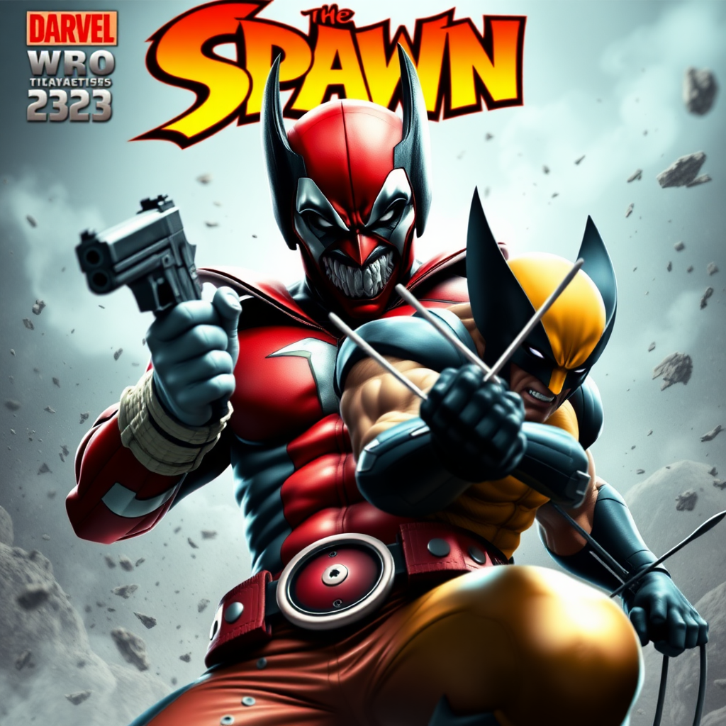 On a comic book cover is Spawn holding a gun Vs Wolverine in Cinematic Real3d photo-realistic quality.