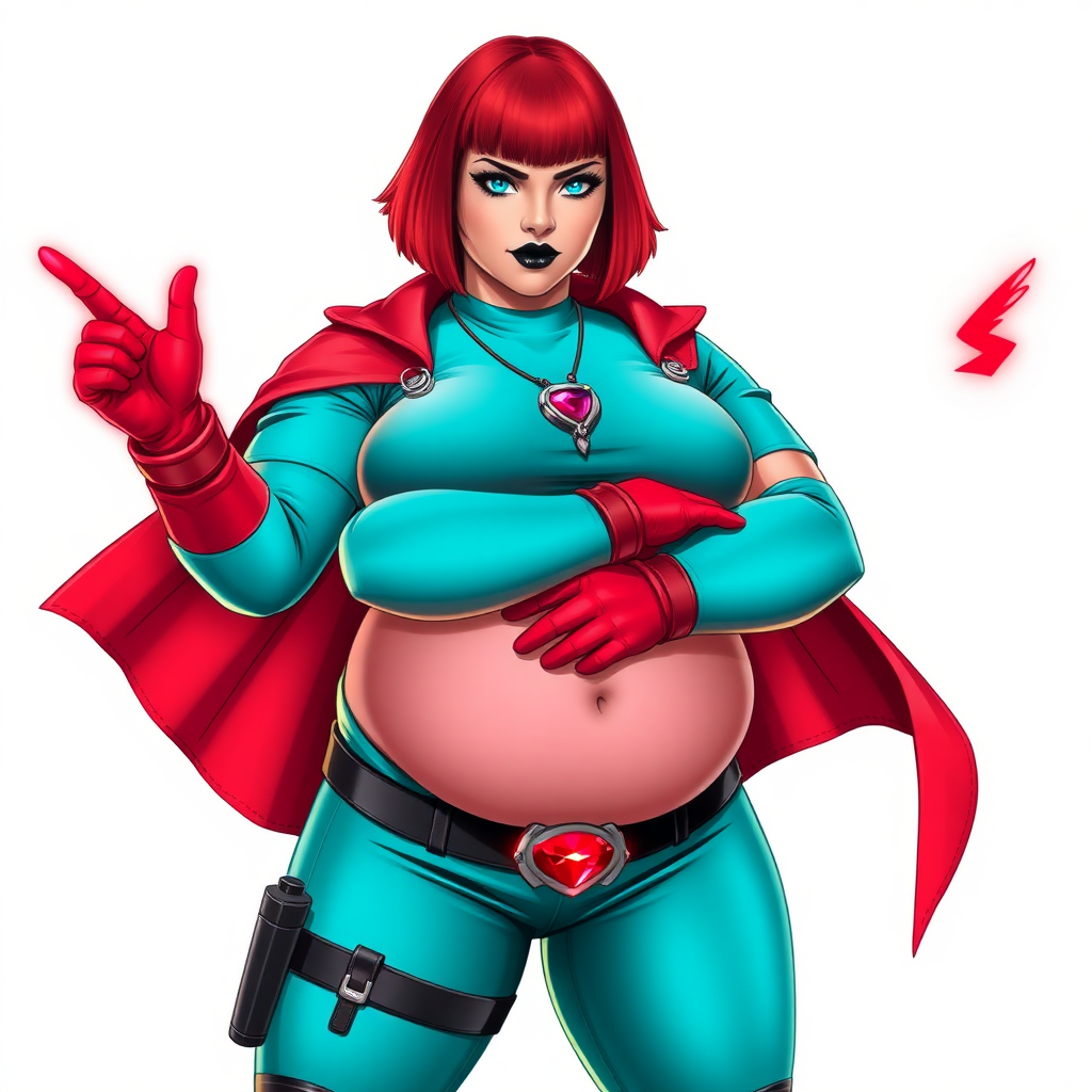 A 26-year-old, full-figured, magical girl vigilante detective becomes the heavily pampered mystical ally of her cyberpunk vigilante older brother figure. She has a bright red bob cut, black lipstick, and piercing bright blue eyes. She has a new non-athletic build, now highlighted by a prominent, round, gargantuan midsection (fully focused on her gargantuan belly), which shows the aftermath of her new pampered lifestyle. Despite her pampered physique, she shows full confidence. She wears a magical girl detective costume consisting of a gargantuan, magical, tight-fitting, maximum turquoise t-shirt (accentuating and emphasizing her gargantuan belly), maximum turquoise biker pants, complemented by a glowing neon red cape, a mystical ruby amulet (which is the source of her mystical powers), and magical red gloves glowing neon red. Her magical girl detective costume covers all her skin and emphasizes her full-figured physique (especially her gargantuan belly). Her stance is firm and resolute, arms crossed, exuding a no-nonsense attitude. Her costume reflects the influence of DC New 52 Prime Earth’s Phantom Lady, Jennifer Knight, while her pose embodies the moral ambiguity and determination reminiscent of DC’s Pax Americana’s The Question. She is on a solid white background. She is drawn as if she was in a retro 2D cyberpunk fighting game. She is clearly non-athletic, with a focus on her full-figured physique (especially her gargantuan belly). Make sure that her costume covers all of her bare skin (especially her gargantuan belly).