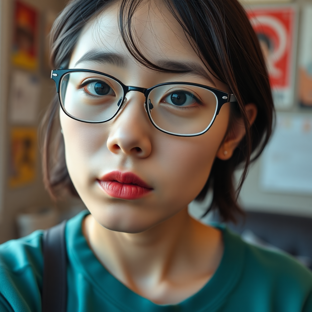 japanese nerdy skinny adult woman with big nose, moles, eyeglasses and medium hair